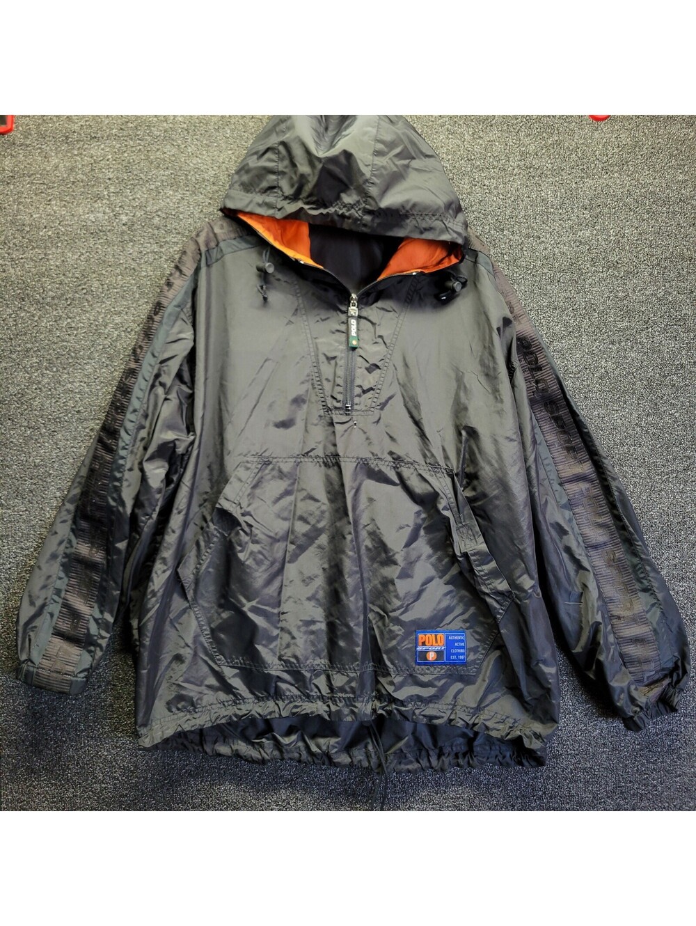 Vtg Polo Sport Men's Sz XL Black Hooded Nylon 1/4 Zip Jacket - FLAW**